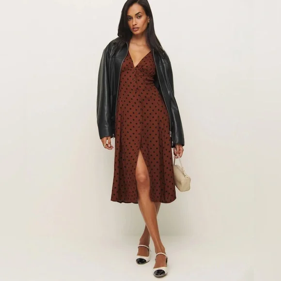 Reformation Brown Polka Dot Midi Dress with Black Spots - Picture 5 of 5